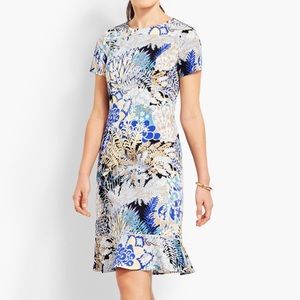 Talbots Women 12 Blue Multi Botanical Garden Flare Hem Short Sleeve Sheath Dress